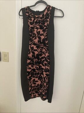 Enfocus Studio Black and Dusty Rose Floral Panel Midi Dress